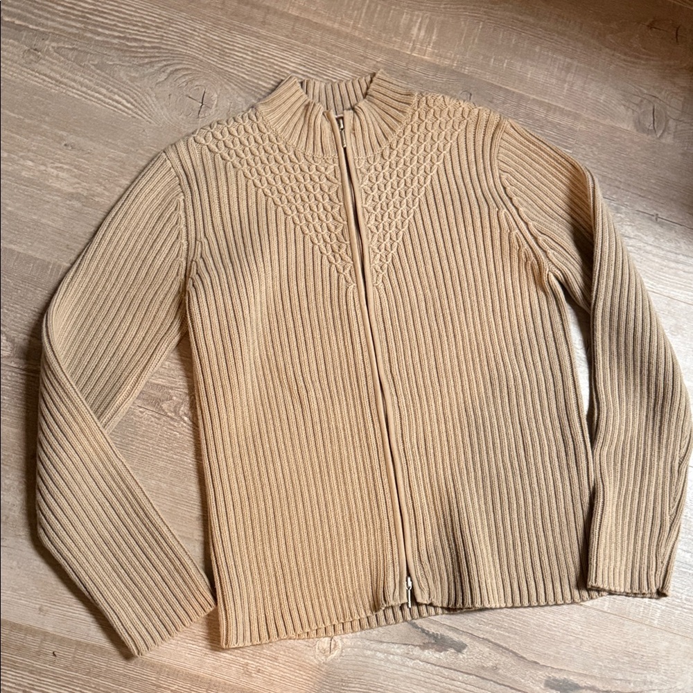 Tan Ribbed Cotton Blend Knit Double Zip-Up Sweater